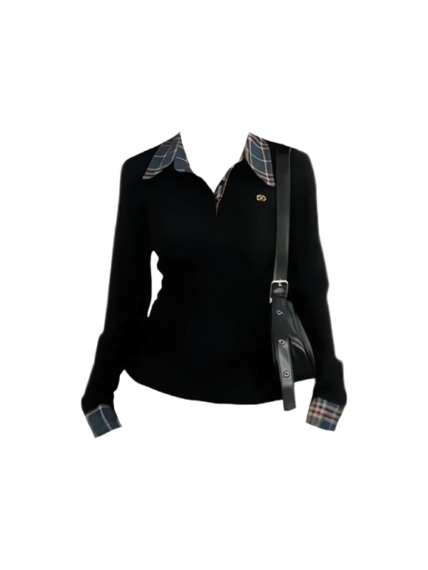 Tricou dama cu mânecă lungă, guler tip lapel, patchwork, țesătură chenille, model în grilă, croială Slim, tăietură tridimensională