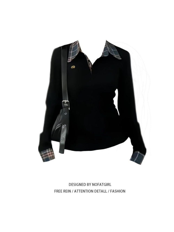 Tricou dama cu mânecă lungă, guler tip lapel, patchwork, țesătură chenille, model în grilă, croială Slim, tăietură tridimensională