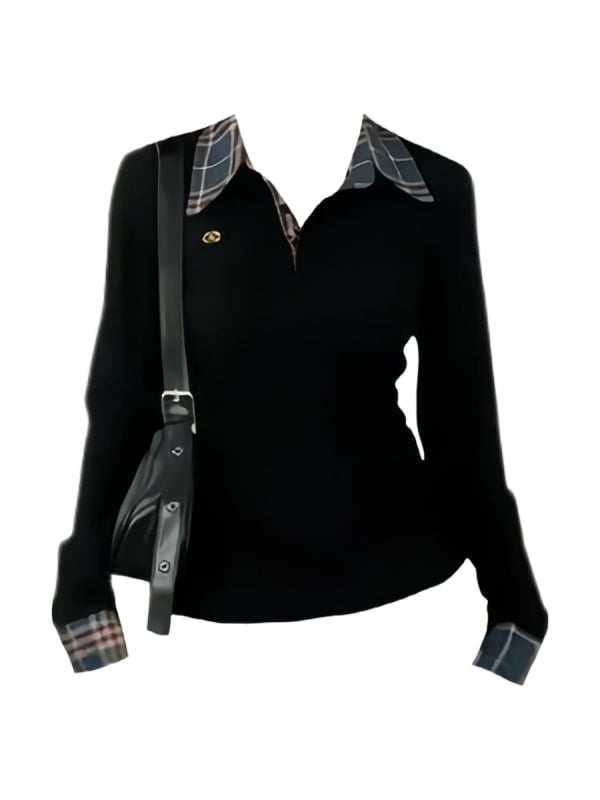 Tricou dama cu mânecă lungă, guler tip lapel, patchwork, țesătură chenille, model în grilă, croială Slim, tăietură tridimensională