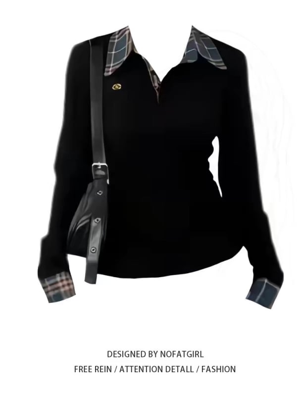 Tricou dama cu mânecă lungă, guler tip lapel, patchwork, țesătură chenille, model în grilă, croială Slim, tăietură tridimensională