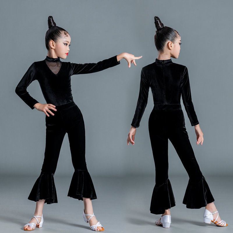 Set za latino plesnu praksu za djevojčice, dugih rukava top i hlače, tkanina spandeks 90–95%, mercerizirani završetak, korejski street fashion stil, jesen 2023
