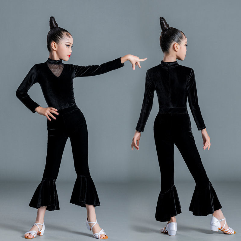 Set za latino plesnu praksu za djevojčice, dugih rukava top i hlače, tkanina spandeks 90–95%, mercerizirani završetak, korejski street fashion stil, jesen 2023