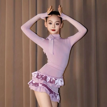 Set latino plesnog kostima za djevojčice za vježbu i nastup, Tr tkanina, glavni sastav Spandex ≤30%, drugi sastav ≤30%, kineski stil, književni retro stil.