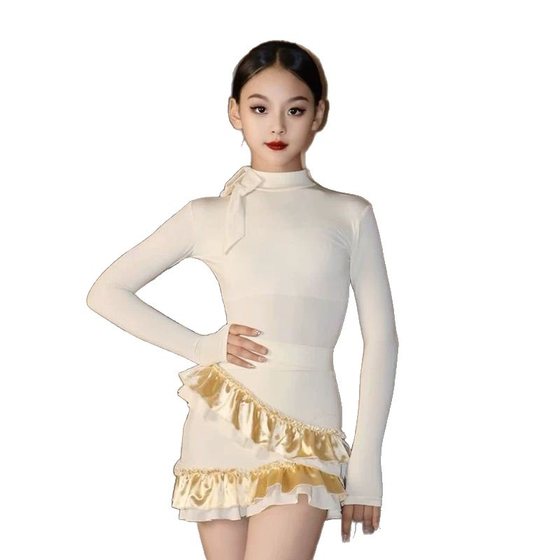 Set latino plesnog kostima za djevojčice za vježbu i nastup, Tr tkanina, glavni sastav Spandex ≤30%, drugi sastav ≤30%, kineski stil, književni retro stil.