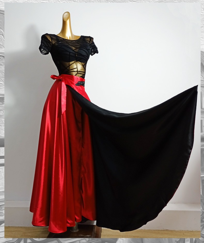 Costum de antrenament pentru dans latin pentru femei, cu fustă jumătate pentru Paso Doble – Primăvara 2025, țesătură poliester 95%+, croială compozită, stil etnic