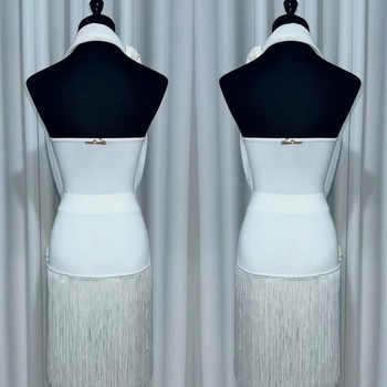 Dospelý Latinský tanečný outfit: top s halterom a otvorenou chrbtom, sukňa s strapcami a rozdelenou; Camellia motív; Materiál Corduroy; Zloženie Ľan