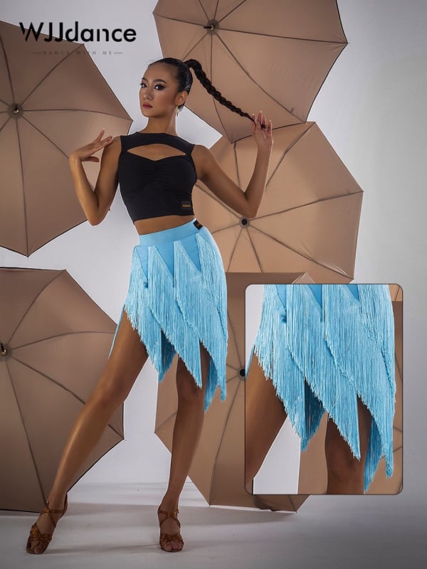 Пола за латински танци за жени, едноцветен Milk Silk плат с 95% Spandex, многопластова ресна драпировка, подходяща за латински и стандартни танци