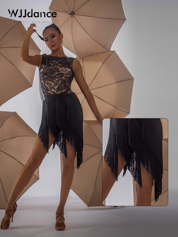 Пола за латински танци за жени, едноцветен Milk Silk плат с 95% Spandex, многопластова ресна драпировка, подходяща за латински и стандартни танци