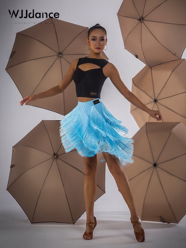 Пола за латински танци за жени, едноцветен Milk Silk плат с 95% Spandex, многопластова ресна драпировка, подходяща за латински и стандартни танци