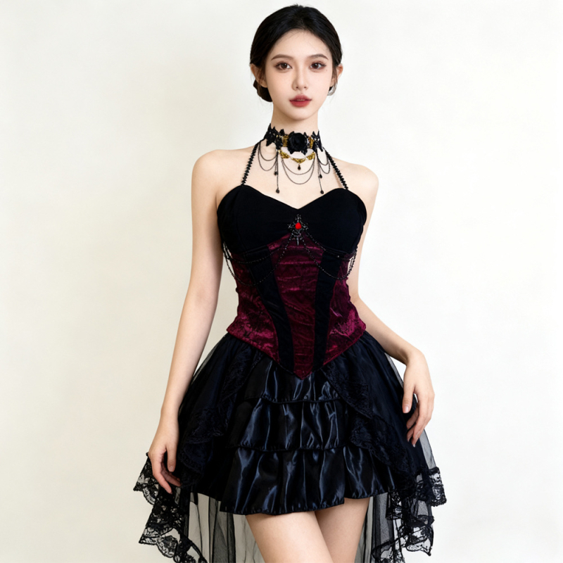 Gotička Lolita cosplay haljina s repom, za žene, flanel poliester, jesen 2025, cosplay za igre