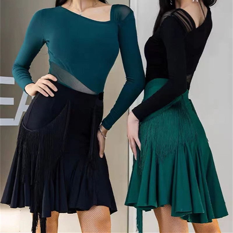 Latinska plesna suknja s resicama, polu-duga, za odrasle plesače, tkanina corduroy-linen