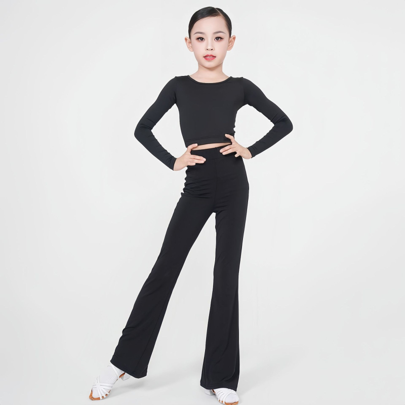 Sayu-Style jesenski latino plesni set: dugi rukav crop top i široke hlače visokog struka, s jastučićima za prsni koš