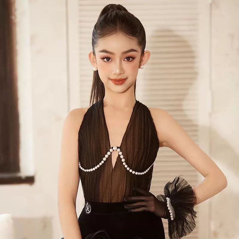 Latīnas dejas prakses tērps ar pērļu ziedu apdari svārkam, sievietēm un bērniem | 2025. gada pavasara sezona, TR audums, PVC ≤30%, Ķīniešu stils, Literārais retro