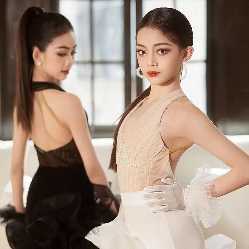 Latīnas dejas prakses tērps ar pērļu ziedu apdari svārkam, sievietēm un bērniem | 2025. gada pavasara sezona, TR audums, PVC ≤30%, Ķīniešu stils, Literārais retro