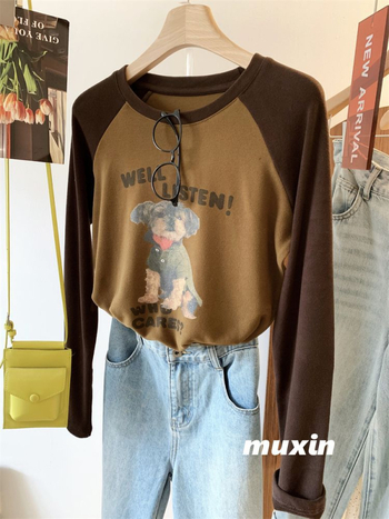 Derong baršunasti T-shirt s raglan rukavima, otisak šteneta, mekan i udoban zimi, casual korejski stil