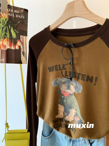 Derong baršunasti T-shirt s raglan rukavima, otisak šteneta, mekan i udoban zimi, casual korejski stil