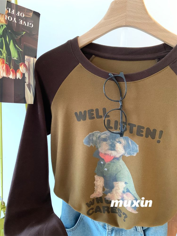 Derong baršunasti T-shirt s raglan rukavima, otisak šteneta, mekan i udoban zimi, casual korejski stil