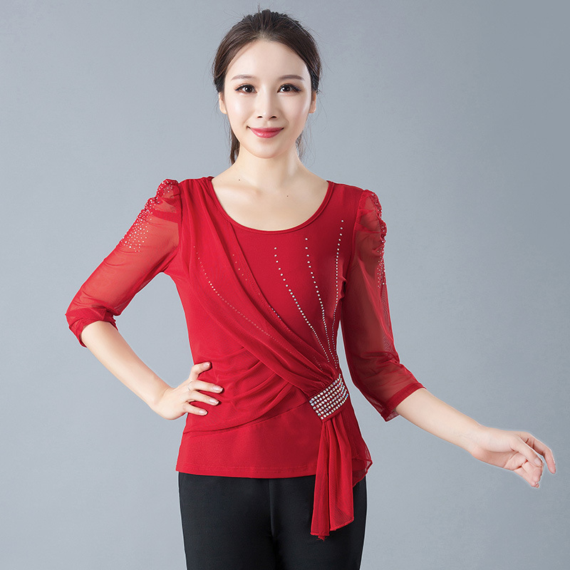 Top na balový latin tanci pre dospelé ženy, s polovičnými rukávmi, Crystal Hemp látka, 92% polyester, vhodný pre zimné, jarné a jesenné obdobie