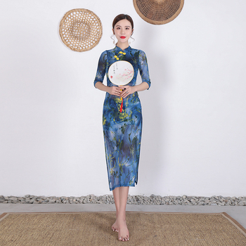 Haljina za vježbanje plesa u stilu Cheongsam za žene, mrežasta tkanina, glavni materijal Spandex, latino ples, proljeće 2020