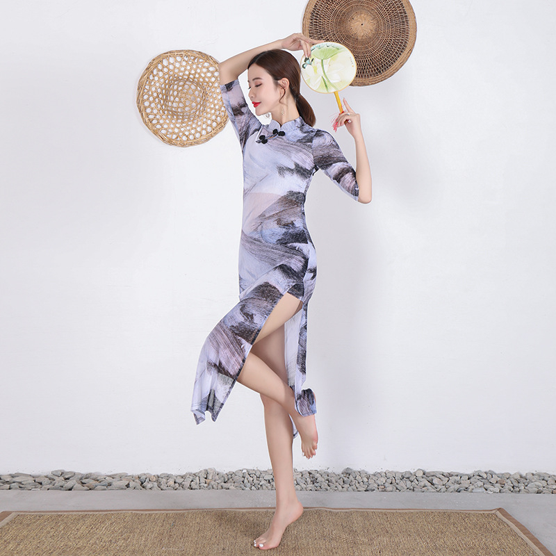 Haljina za vježbanje plesa u stilu Cheongsam za žene, mrežasta tkanina, glavni materijal Spandex, latino ples, proljeće 2020