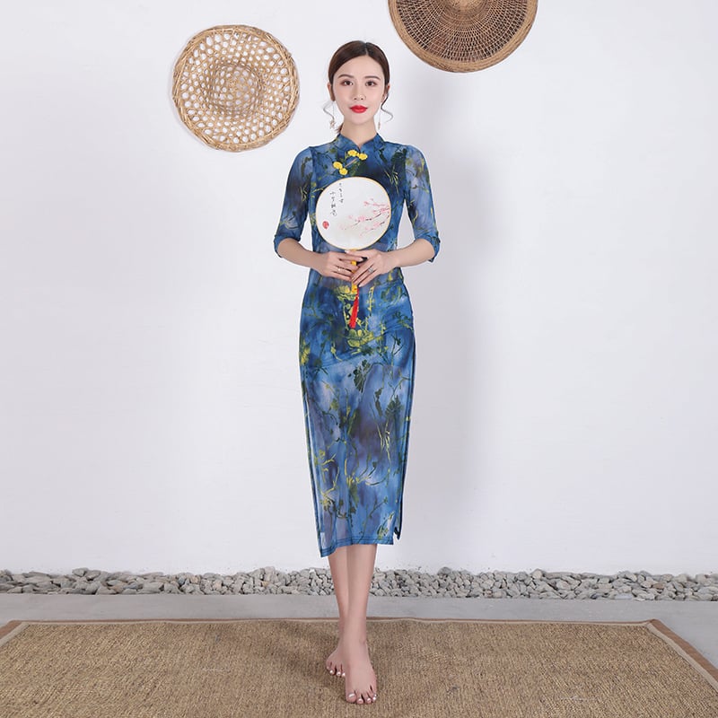 Haljina za vježbanje plesa u stilu Cheongsam za žene, mrežasta tkanina, glavni materijal Spandex, latino ples, proljeće 2020