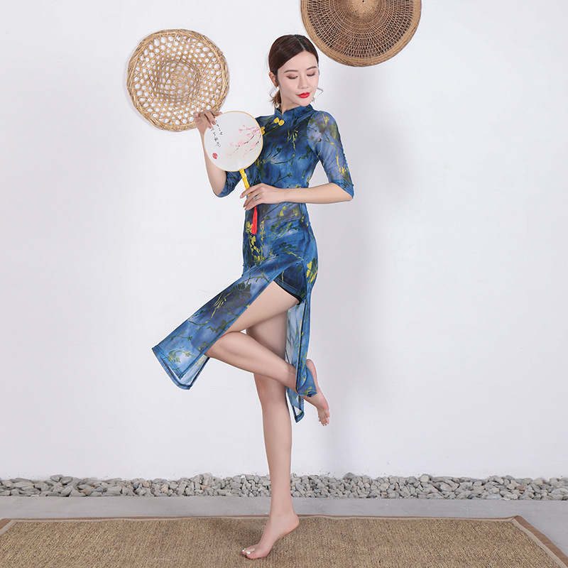 Haljina za vježbanje plesa u stilu Cheongsam za žene, mrežasta tkanina, glavni materijal Spandex, latino ples, proljeće 2020