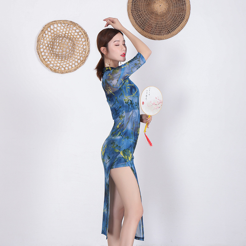 Haljina za vježbanje plesa u stilu Cheongsam za žene, mrežasta tkanina, glavni materijal Spandex, latino ples, proljeće 2020