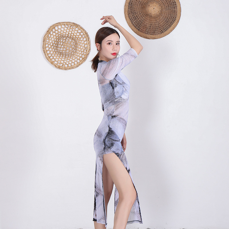 Haljina za vježbanje plesa u stilu Cheongsam za žene, mrežasta tkanina, glavni materijal Spandex, latino ples, proljeće 2020