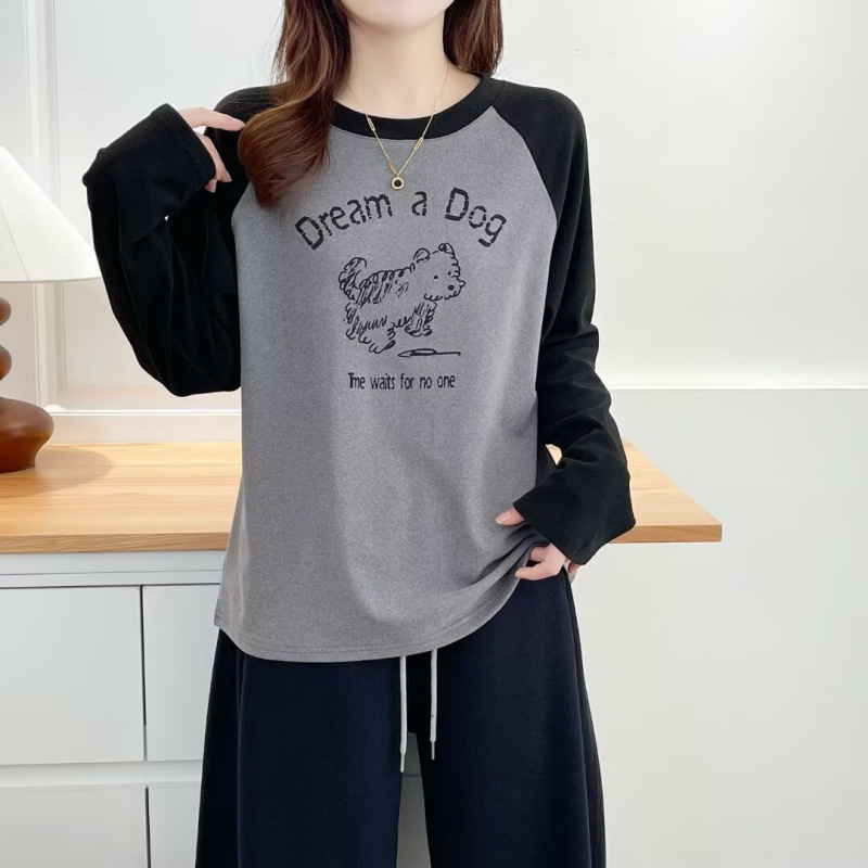 Γυναικεία μπλούζα σε μεγάλο μέγεθος για φθινόπωρο, διπλής όψης βελούδο με εκτύπωση καρτούν, μακριά μανίκια, στρογγυλός λαιμός, ιαπωνο-κορεατικό στυλ