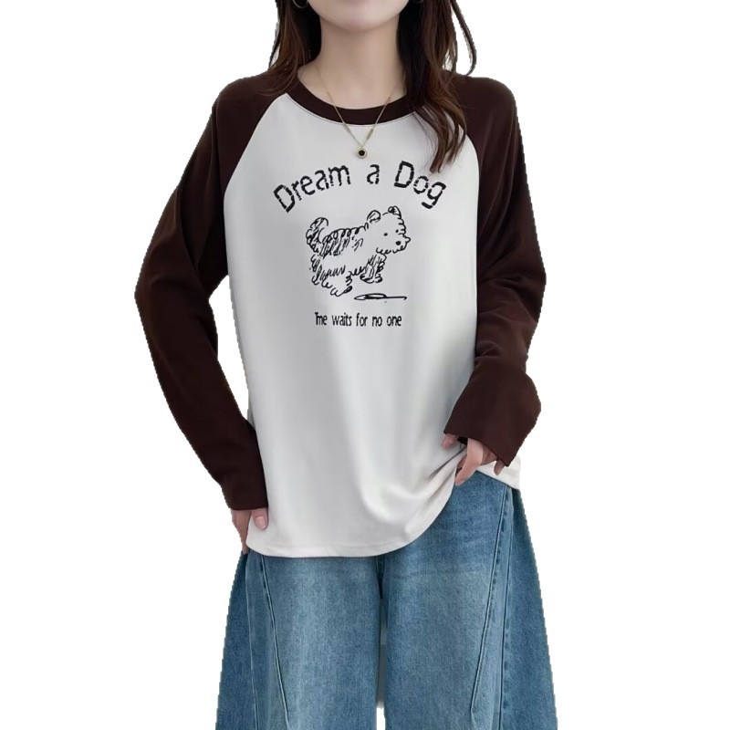 Γυναικεία μπλούζα σε μεγάλο μέγεθος για φθινόπωρο, διπλής όψης βελούδο με εκτύπωση καρτούν, μακριά μανίκια, στρογγυλός λαιμός, ιαπωνο-κορεατικό στυλ