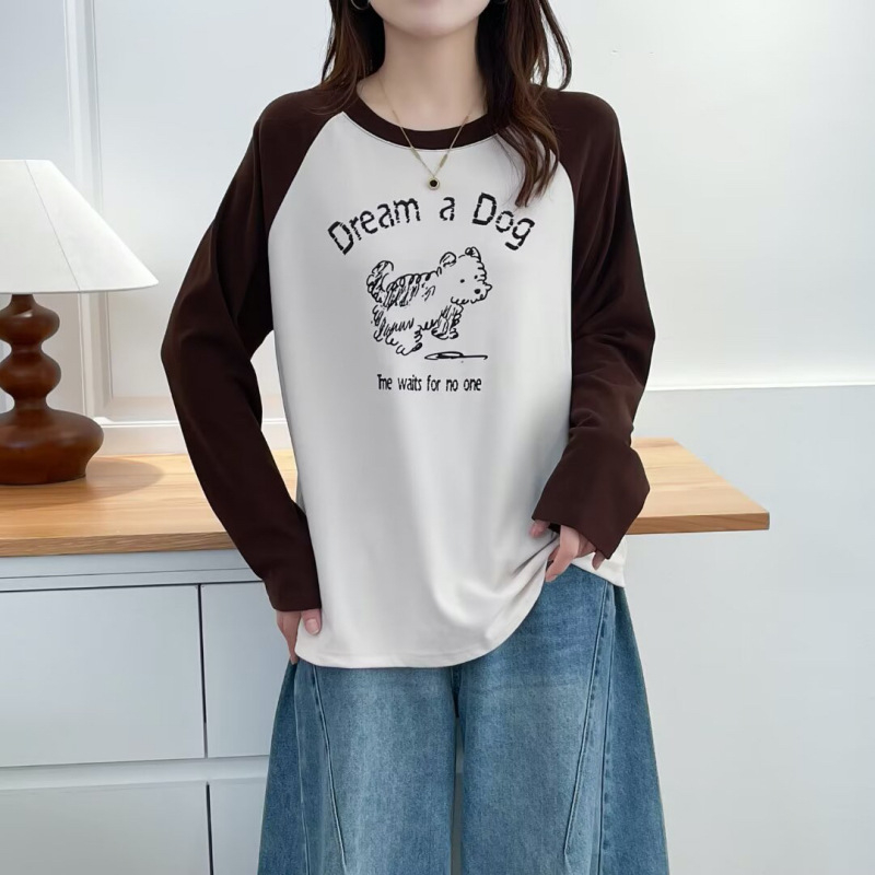 Γυναικεία μπλούζα σε μεγάλο μέγεθος για φθινόπωρο, διπλής όψης βελούδο με εκτύπωση καρτούν, μακριά μανίκια, στρογγυλός λαιμός, ιαπωνο-κορεατικό στυλ