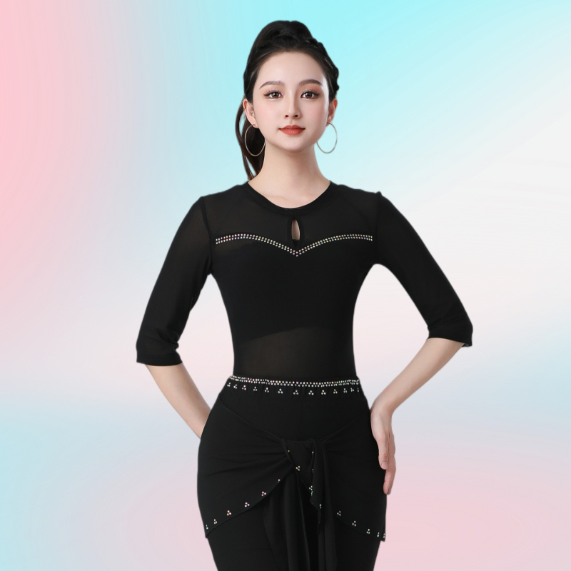 Női hálós tánc felső – fél ujjú, átlátszó, Square és Latin táncokra, poliészter keverék, bélelt