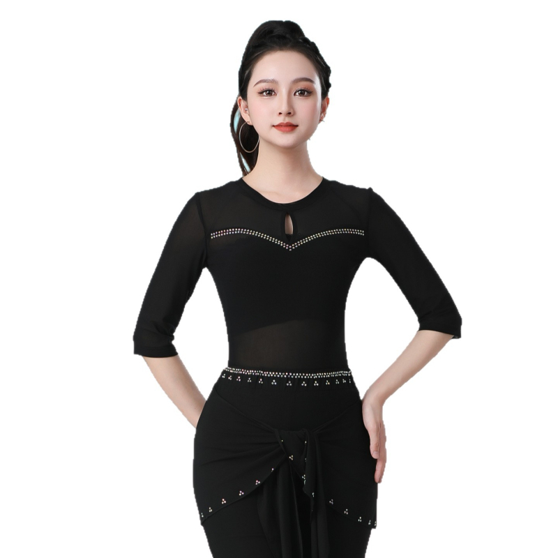 Női hálós tánc felső – fél ujjú, átlátszó, Square és Latin táncokra, poliészter keverék, bélelt