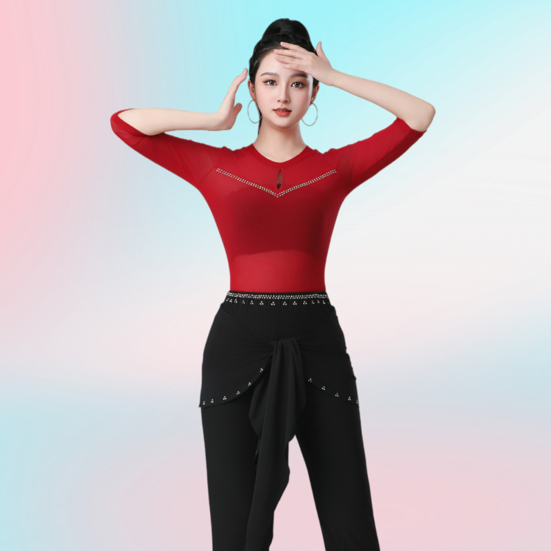 Női hálós tánc felső – fél ujjú, átlátszó, Square és Latin táncokra, poliészter keverék, bélelt