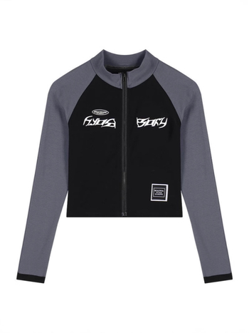 Ženska T-shirt od poliestera s otiskom slova, dugi rukavi, uska silueta, kontrastni zip, gradski stil
