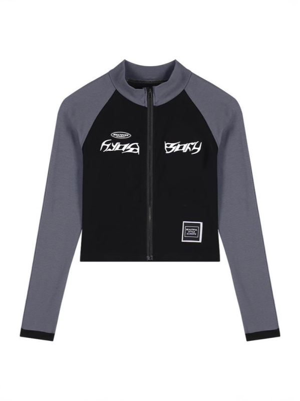 Ženska T-shirt od poliestera s otiskom slova, dugi rukavi, uska silueta, kontrastni zip, gradski stil