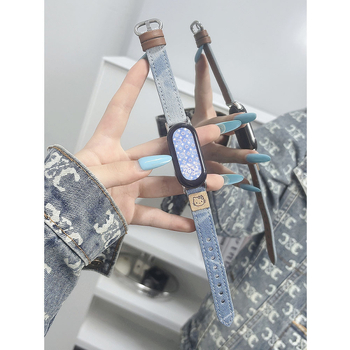 Remen za Xiaomi Mi Band 8/9 - prava koža, denim efekt, ženski remen za sat, visoka klasa, minimalistički stil