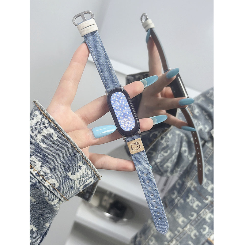 Remen za Xiaomi Mi Band 8/9 - prava koža, denim efekt, ženski remen za sat, visoka klasa, minimalistički stil