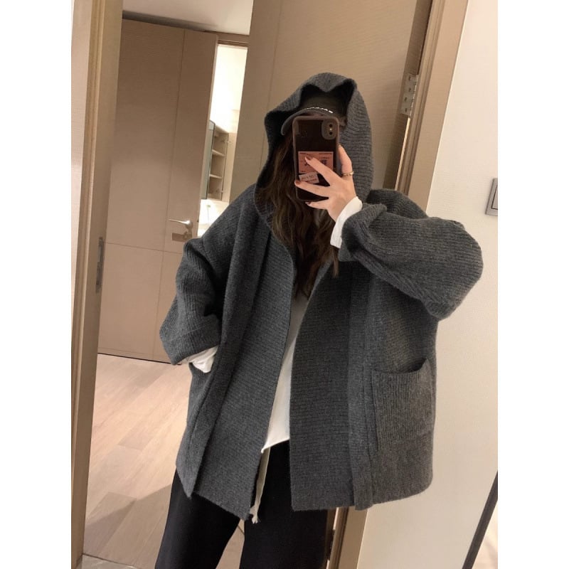 Oversize pletený kardigán s kapucňou a vreckami, asymetrický strih, zmes Ice Silk a polyesteru