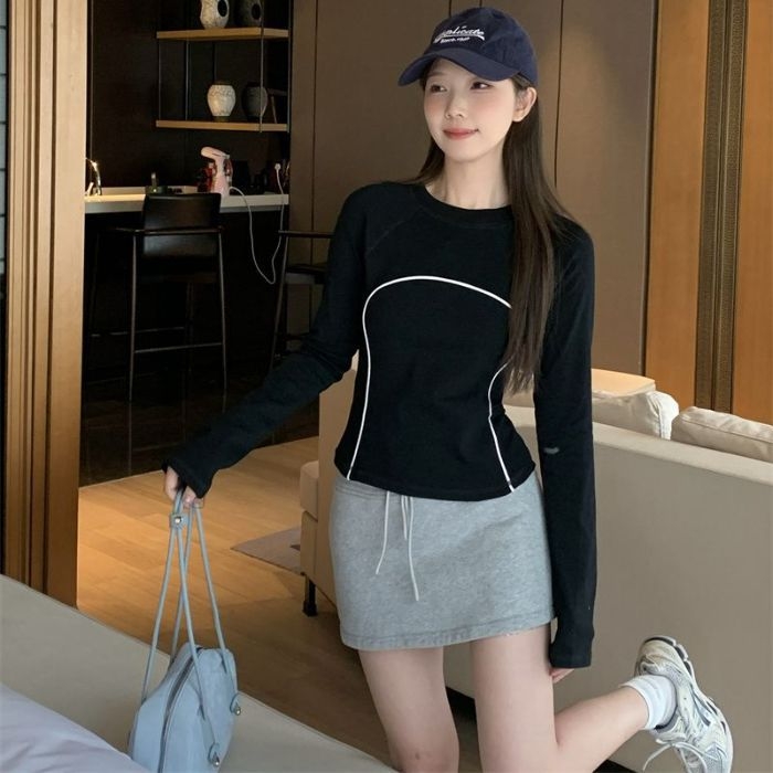 Ženski slim-fit majica s dugim rukavima, okrugli izrez, poliester 70-80%