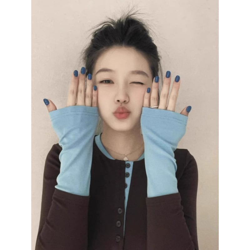 Pamut hosszú ujjú, slim-fit felső, kerek nyakú, kötött kivitel, koreai stílus