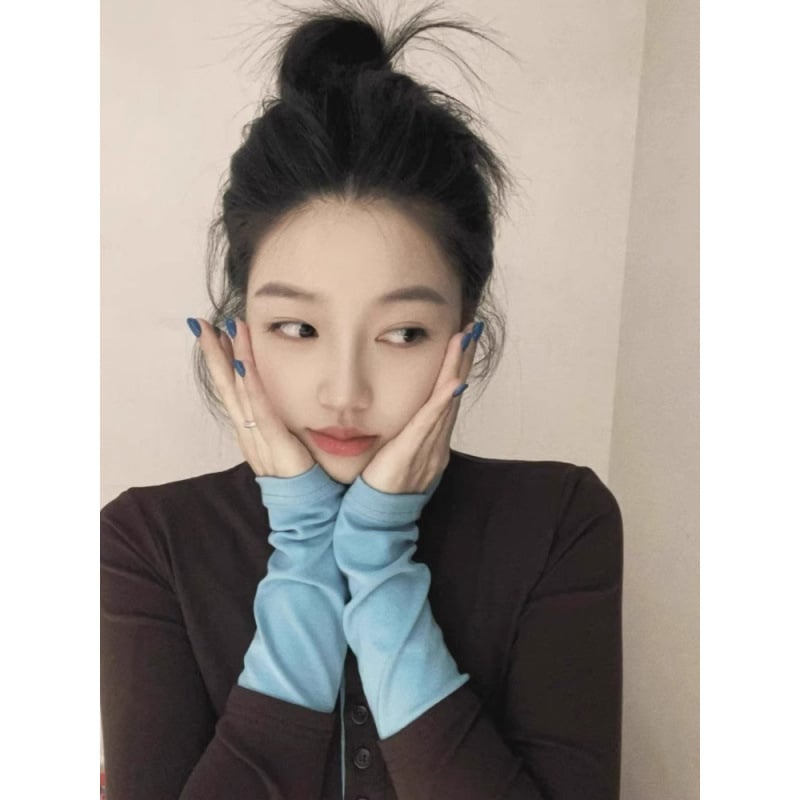 Pamut hosszú ujjú, slim-fit felső, kerek nyakú, kötött kivitel, koreai stílus