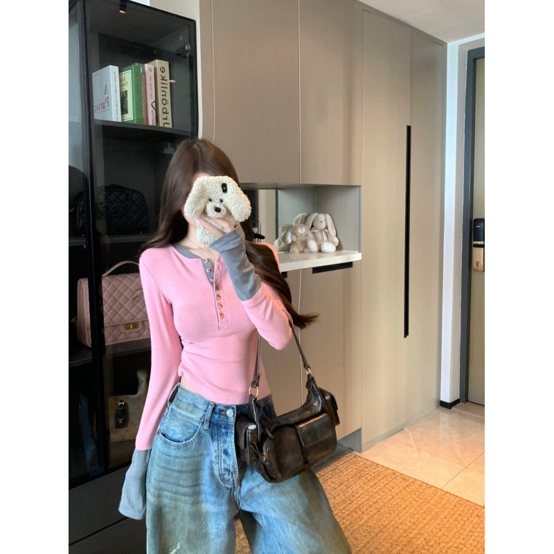 Pamut hosszú ujjú, slim-fit felső, kerek nyakú, kötött kivitel, koreai stílus