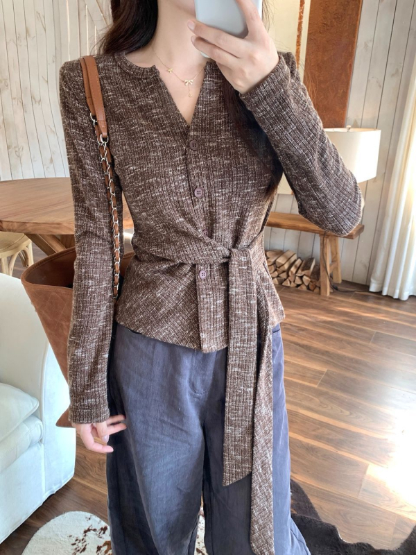 Majica s V-izrezom, dugi rukavi, poliester, Harajuku stil, slim kroj