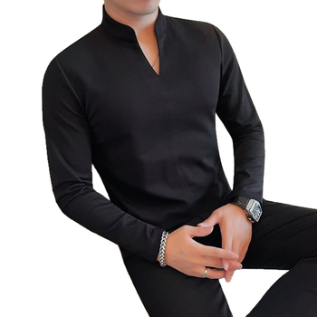Vyriski ilgų rankovių marškinėliai su V formos kaklu — lengvas Poliesterio audinys, be lyginimo, pavasaris ir ruduo, kasdienis verslo stilius