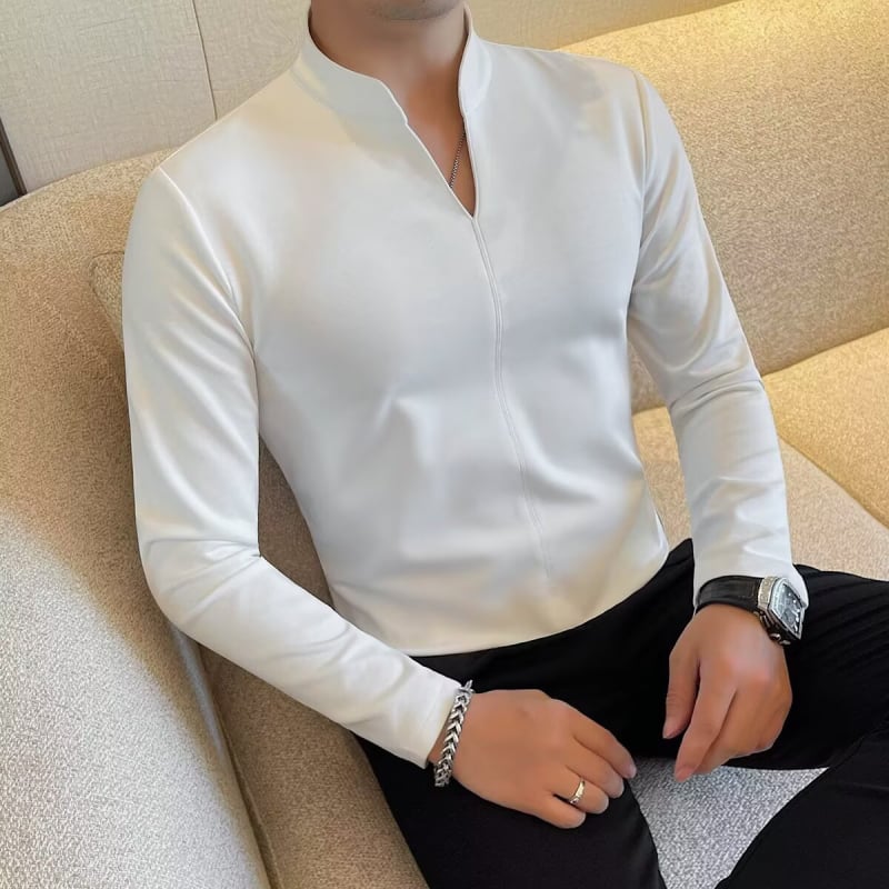 Vyriski ilgų rankovių marškinėliai su V formos kaklu — lengvas Poliesterio audinys, be lyginimo, pavasaris ir ruduo, kasdienis verslo stilius