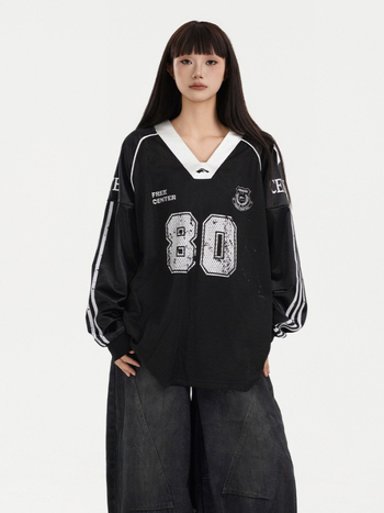 Unisex majica s dugim rukavima, V-izrez, širokog kroja, hip-hop street stil, američki retro dizajn