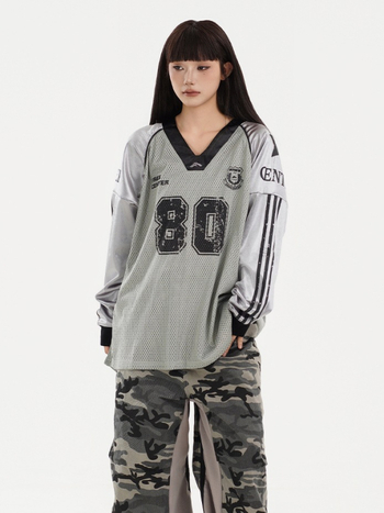 Unisex majica s dugim rukavima, V-izrez, širokog kroja, hip-hop street stil, američki retro dizajn