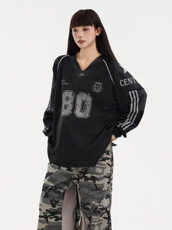 Unisex majica s dugim rukavima, V-izrez, širokog kroja, hip-hop street stil, američki retro dizajn