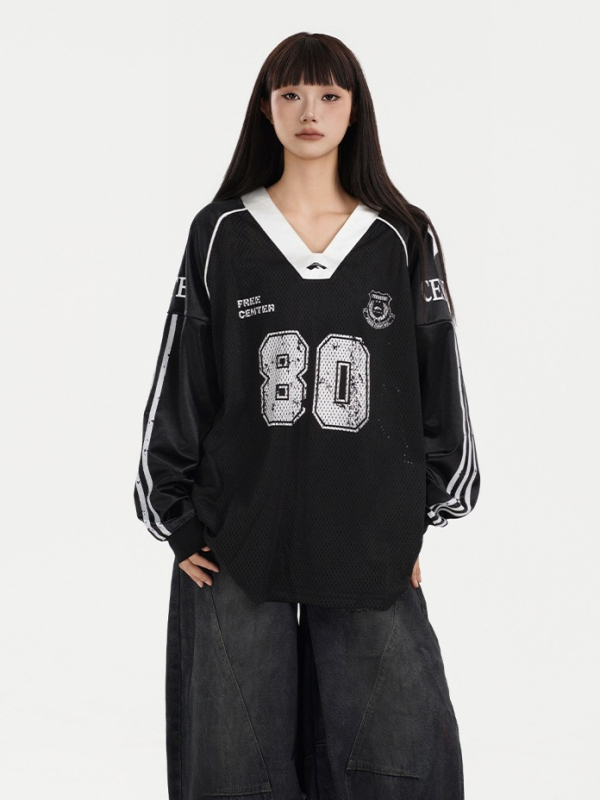 Unisex majica s dugim rukavima, V-izrez, širokog kroja, hip-hop street stil, američki retro dizajn